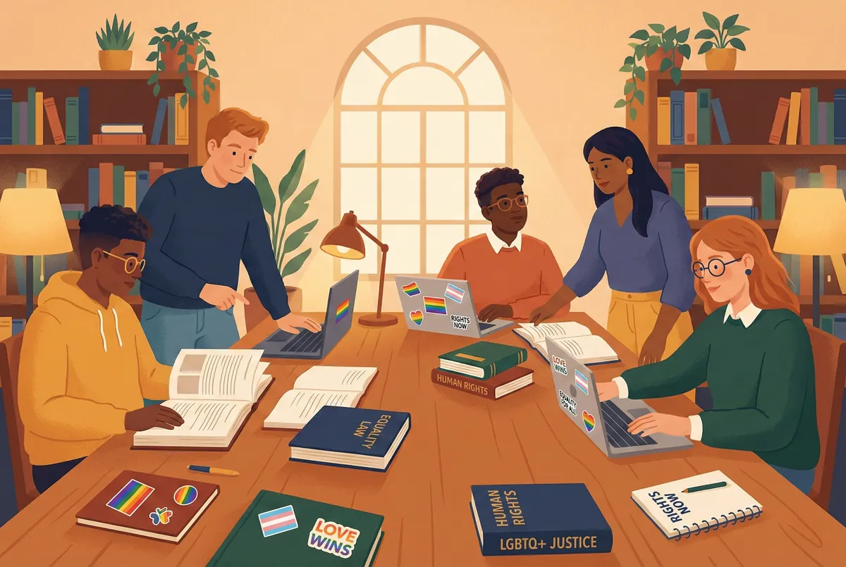 Diverse group of confident LGBTQ+ students reviewing legal documents with equality symbols, representing legal knowledge and empowerment