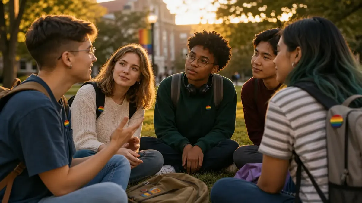 A diverse group of LGBTQ+ college students sitting in a circle in a campus common area, engaged in conversation with warm expressions and supportive body language