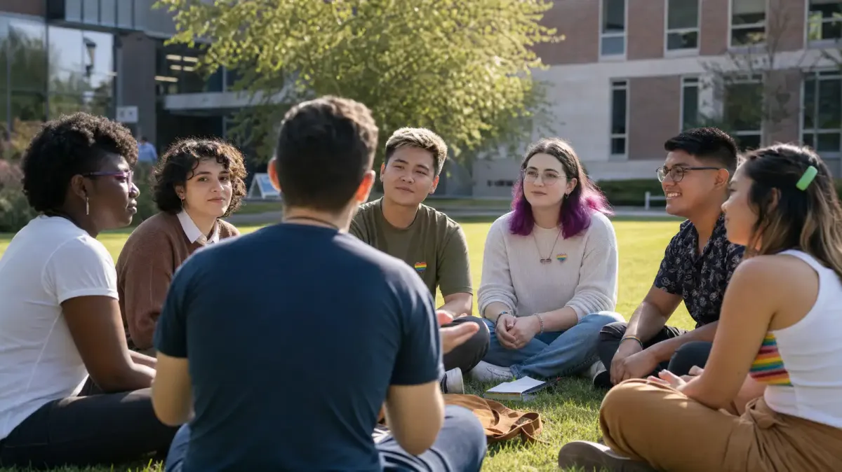 A group of diverse LGBTQ+ college students sitting in a circle on a sunny campus lawn, engaged in peer support discussion with a facilitator