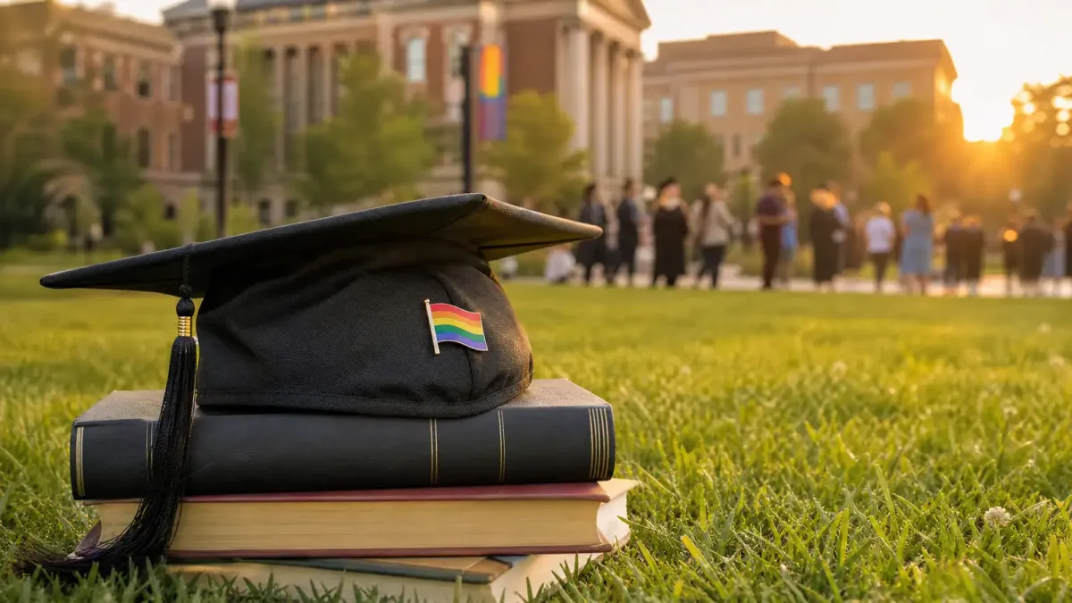 Stack of books with a rainbow flag pin and graduation cap on a university campus lawn