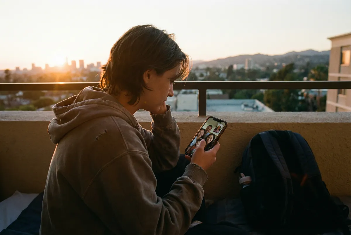 College student looking at phone with sunset backdrop, representing connection despite distance from family