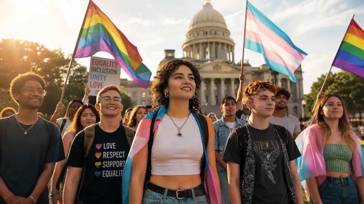 A group of diverse college students holding rainbow and trans pride flags on a university campus lawn, with a state capitol building visible in the background