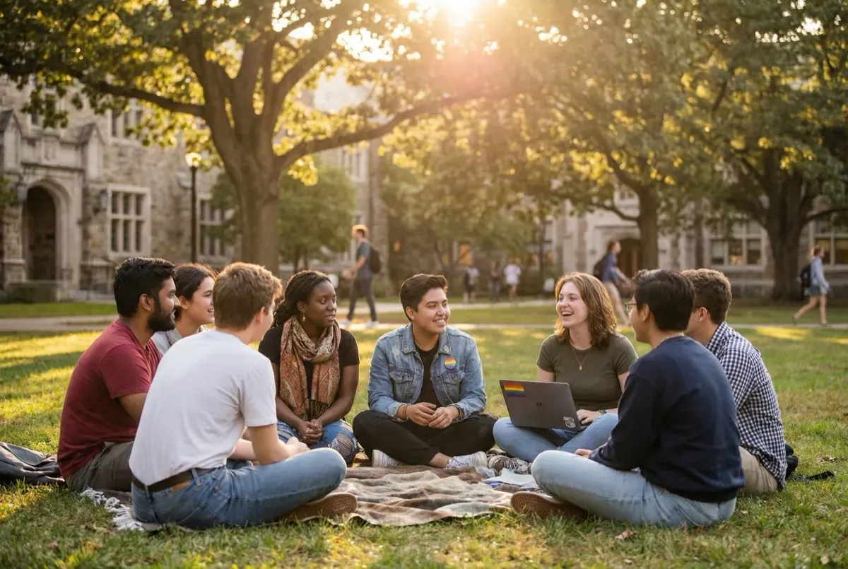 Diverse group of LGBTQ+ students gathering together on campus