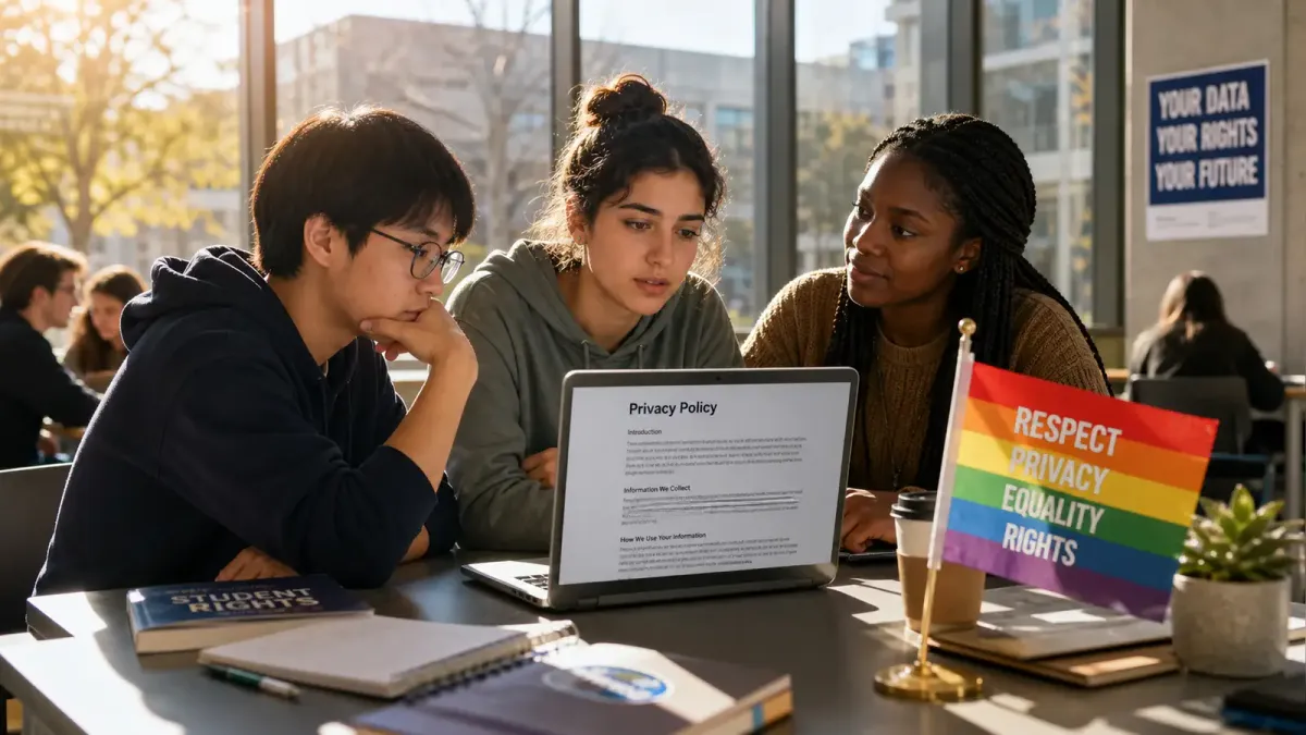 A student looking at a school policy document on a laptop, with a rainbow flag visible in the background of a campus setting