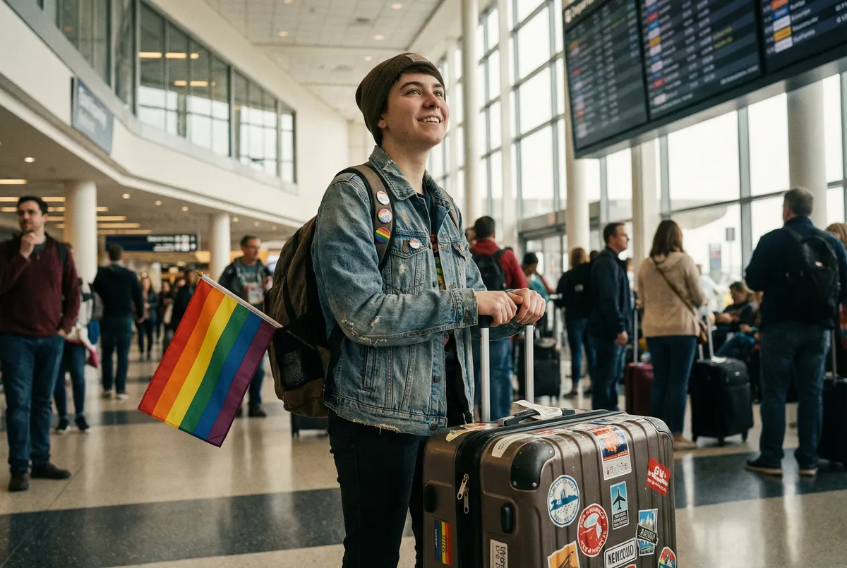 LGBTQ+ student with suitcase and rainbow flag at airport, representing study abroad adventures
