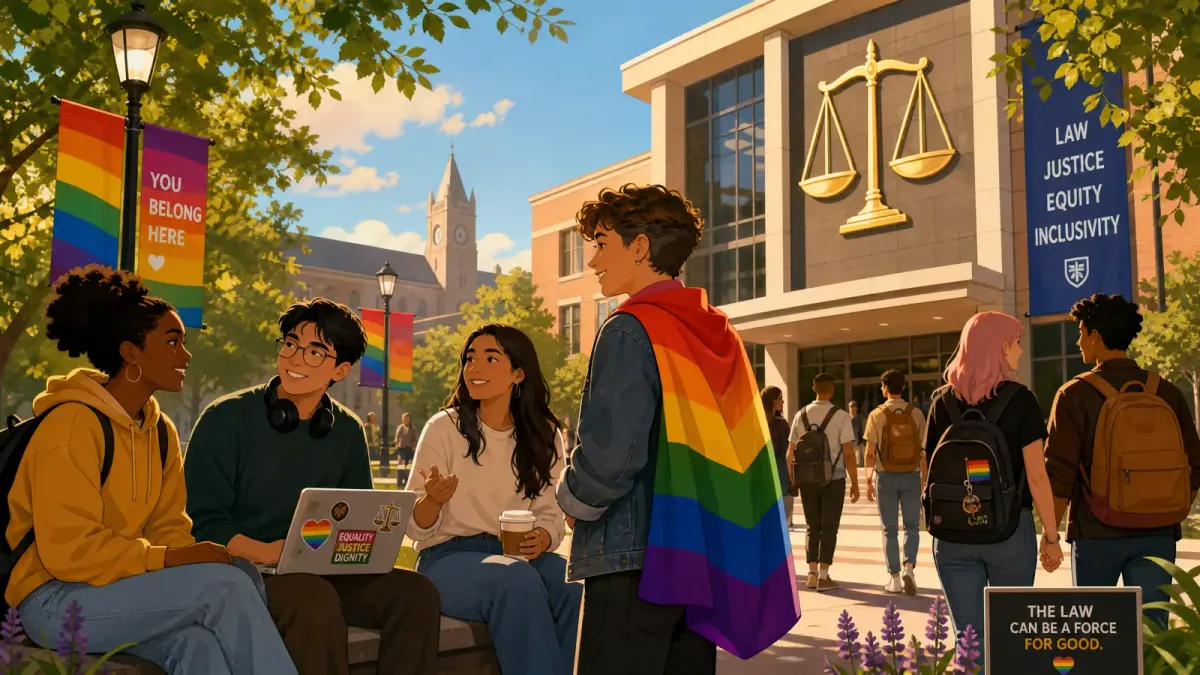 Illustration of a university campus with rainbow flags and legal scales symbolizing the intersection of LGBTQ+ rights and campus policy