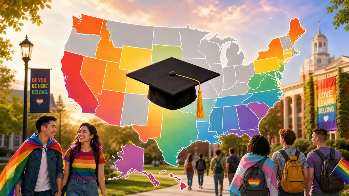 A map of the United States with some states highlighted in rainbow colors and others in gray, with a graduation cap icon at the center