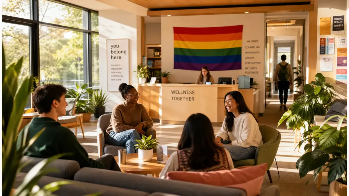 A modern campus wellness center with a rainbow flag displayed near the entrance, students sitting together in a sunlit common area