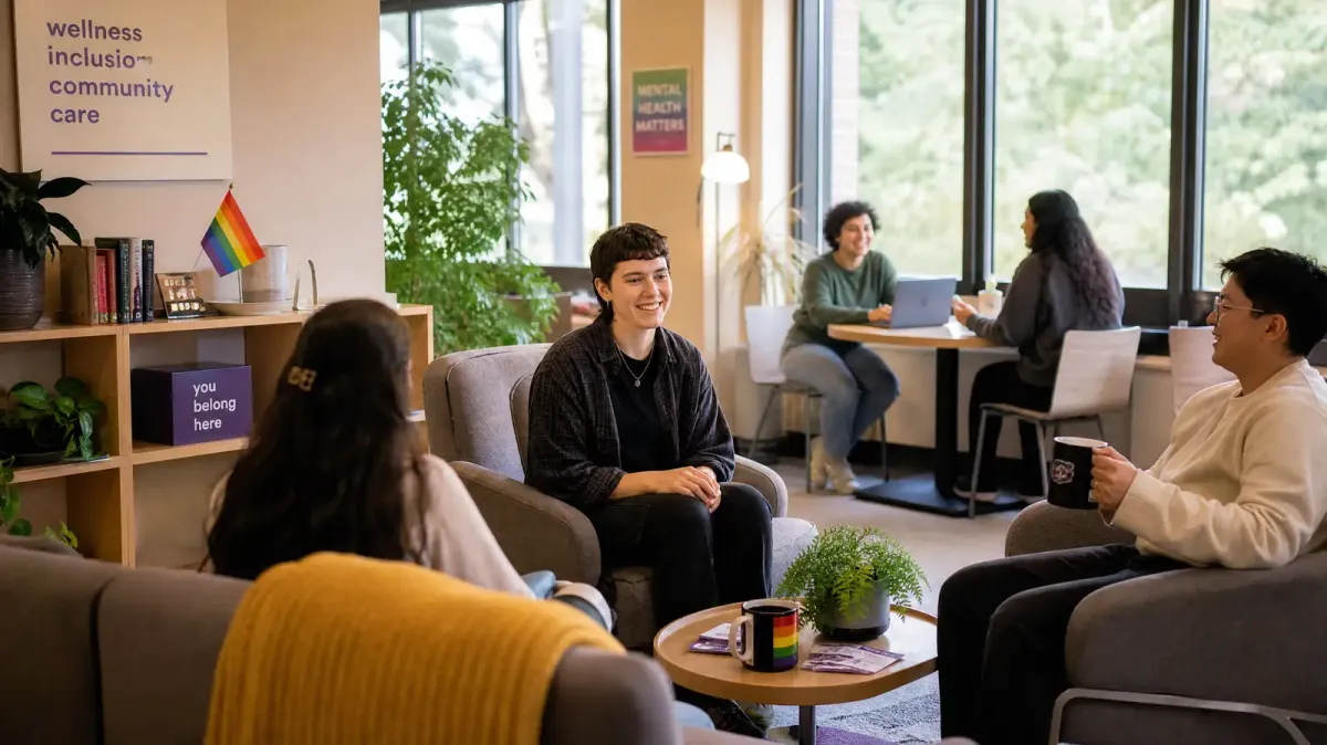 A modern university wellness center with rainbow flags and students sitting in a comfortable lounge area