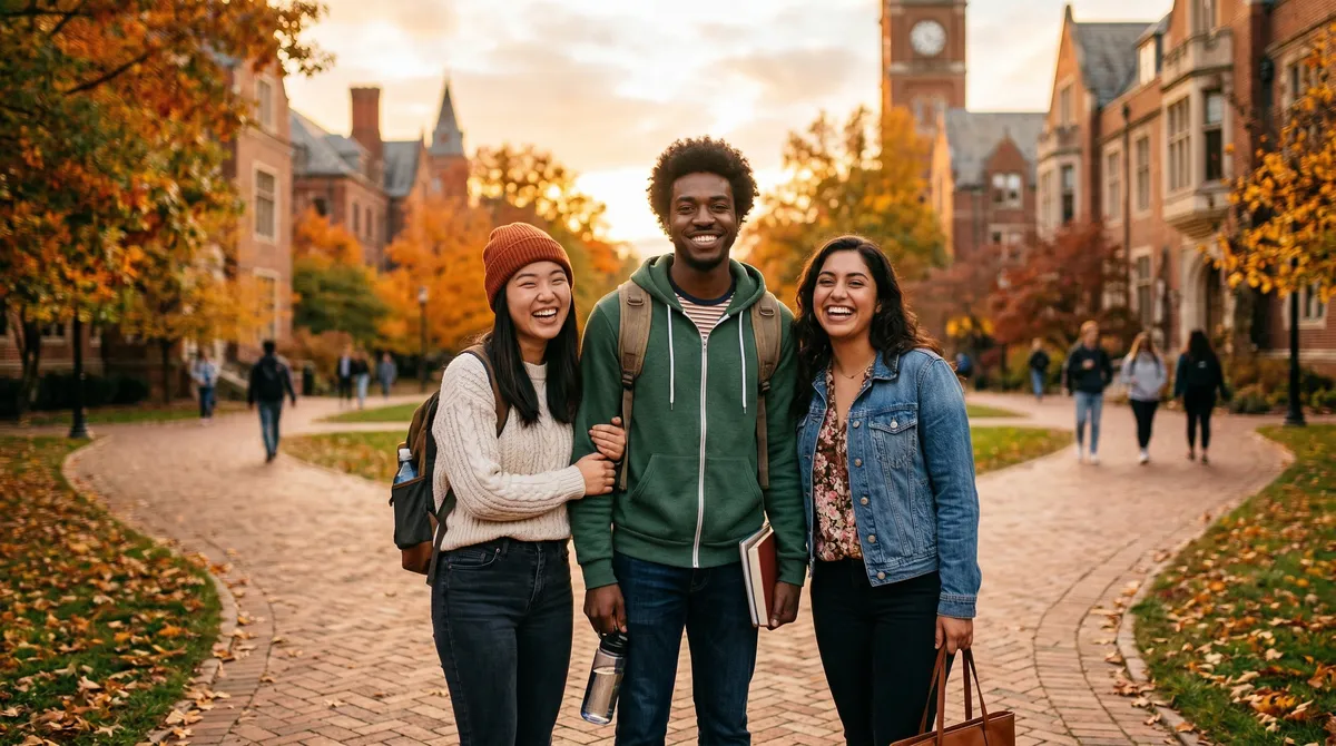 Three diverse young adults standing together on a college campus, smiling confidently