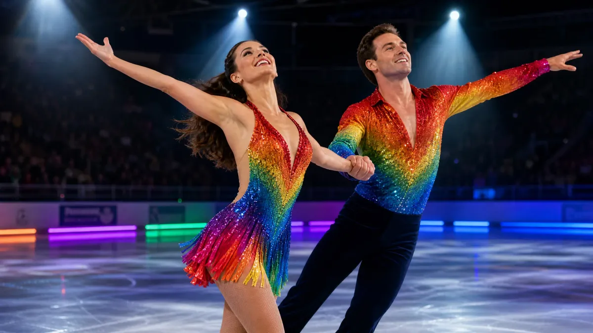 Figure skaters in rainbow costumes performing on an ice rink with arena lights overhead