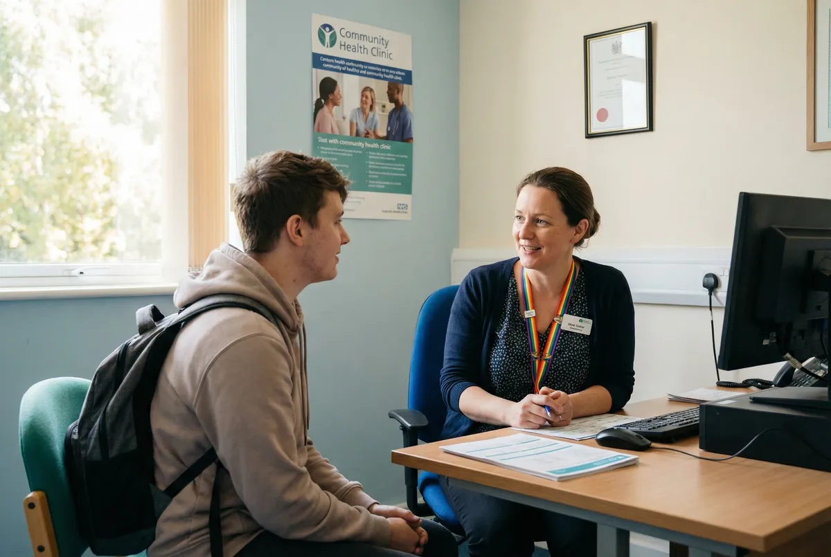 Healthcare provider with rainbow symbol talking with transgender student, representing affirming healthcare