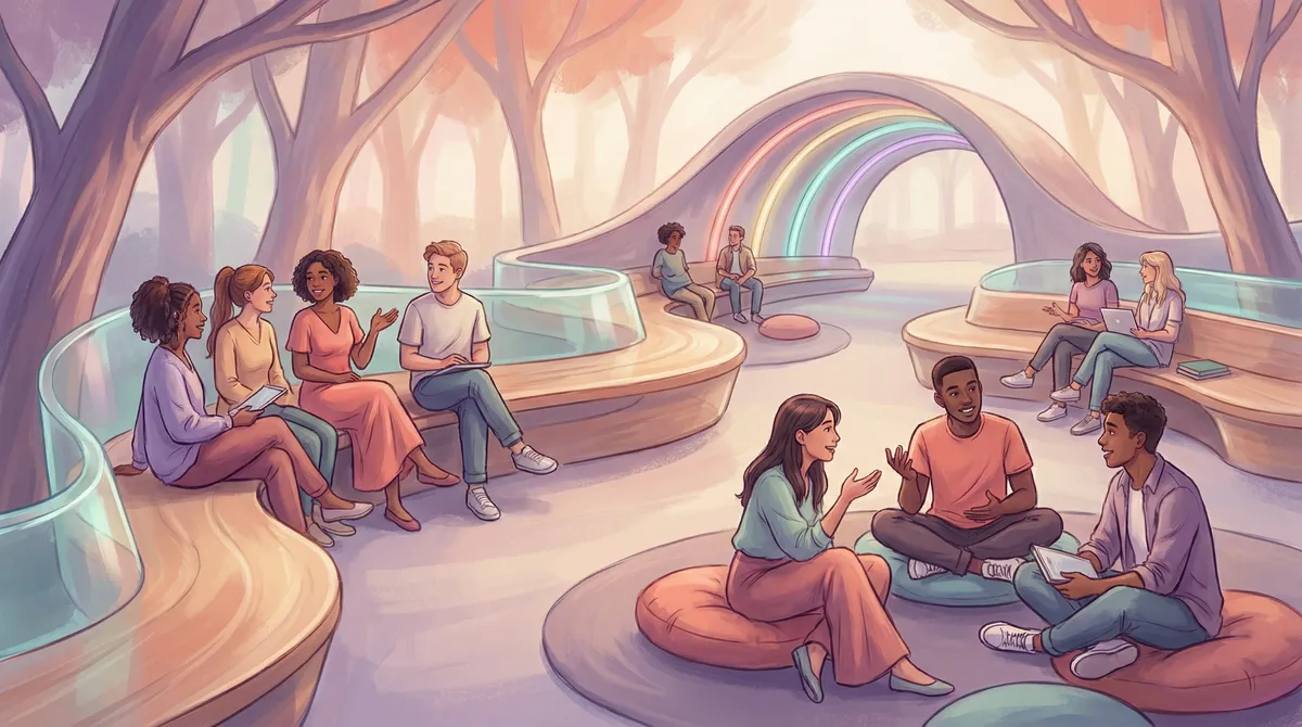 Students gathering in a welcoming campus space with rainbow decorations