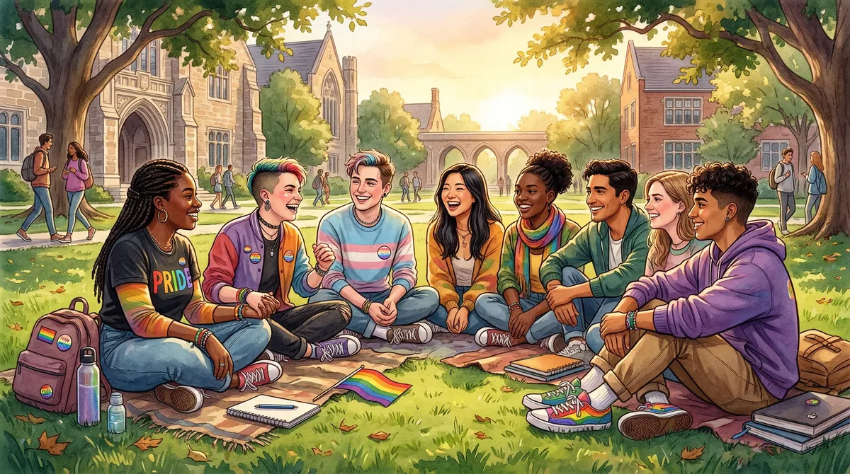 A diverse group of LGBTQ+ students sitting in a circle on campus lawn, supporting each other
