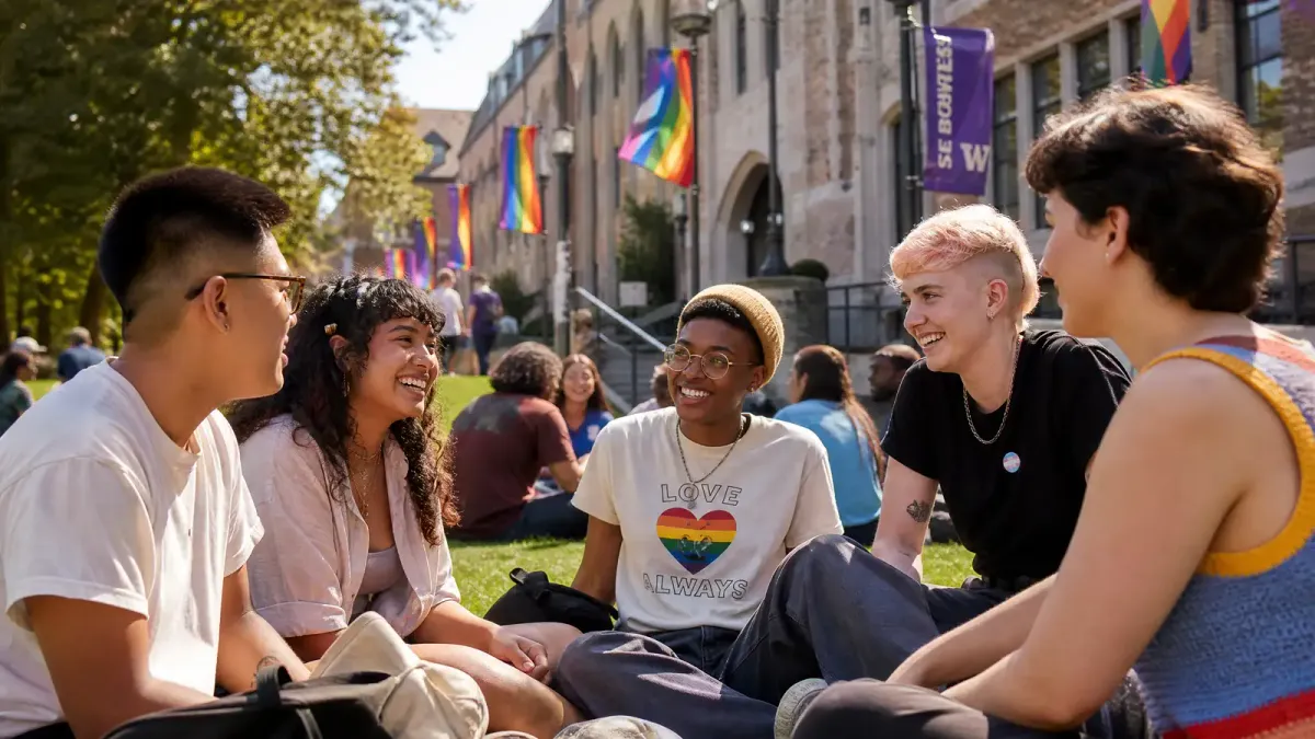 A diverse group of college students sitting on a campus quad with rainbow flags visible in the background