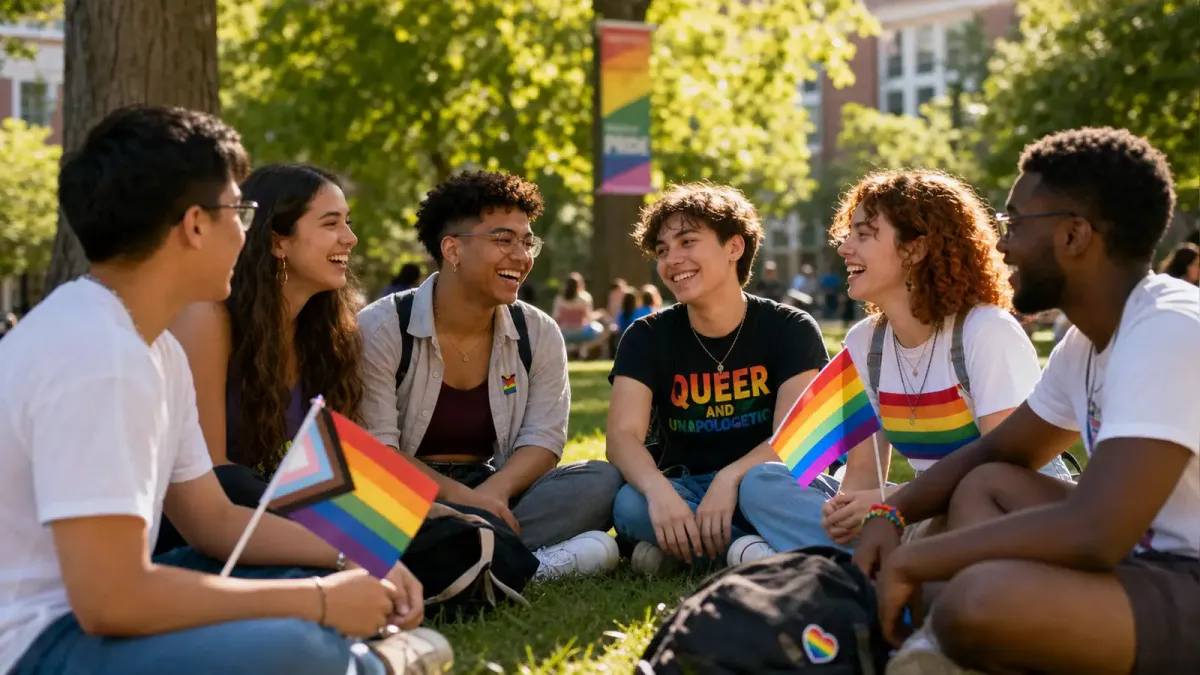 A diverse group of LGBTQ+ college students sitting together outdoors on a campus lawn in summer sunlight, some holding pride flags, engaged in conversation and laughter