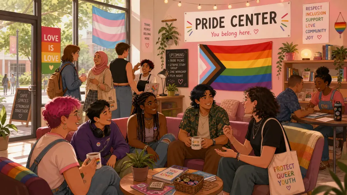 Students gathering in a welcoming campus lounge with rainbow flags, representing LGBTQ+ community and belonging on a college campus
