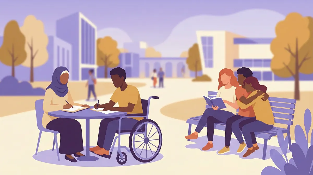 Diverse college students supporting each other on campus