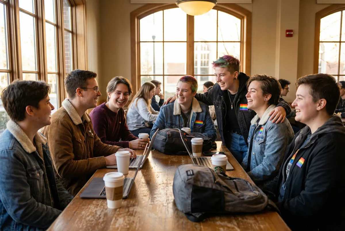 Group of diverse LGBTQ+ friends laughing together at a campus cafe, representing chosen family and community