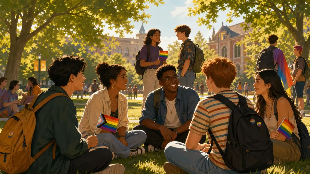 A diverse group of students gathered in a sunlit campus quad, some holding small pride flags, engaged in conversation