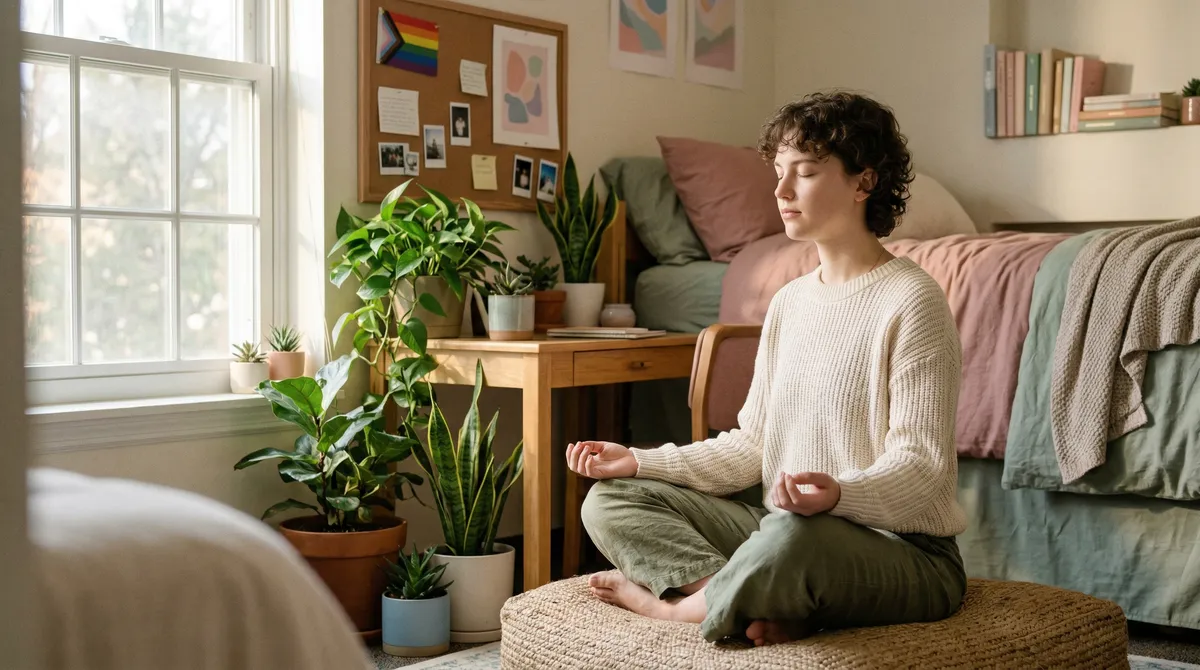 Peaceful scene of a young person meditating in a sunny dorm room with plants and LGBTQ+ affirming decor