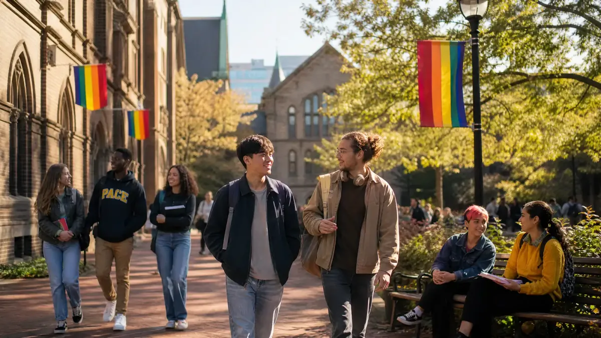 A warm, sunlit campus courtyard with diverse students walking and talking, surrounded by rainbow flags and green spaces