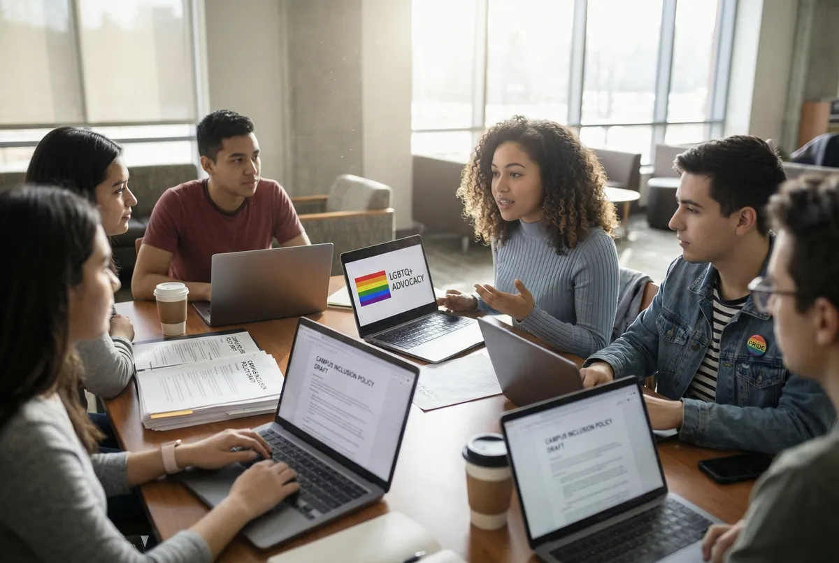 Students gathered around a table with policy documents and laptops, actively discussing and advocating for LGBTQ+ inclusion on campus