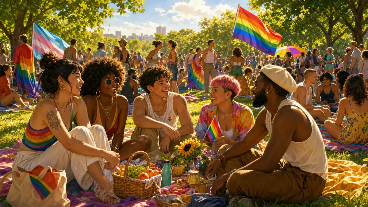 Vibrant Pride celebration with rainbow colors and diverse crowd of people gathering in a city park under summer sun
