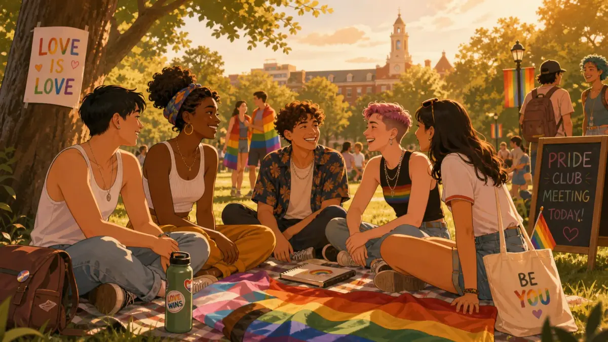 A warm illustration of diverse LGBTQ+ students connecting outdoors in a park during summer, with a campus visible in the distance. Soft golden hour lighting, illustration style.