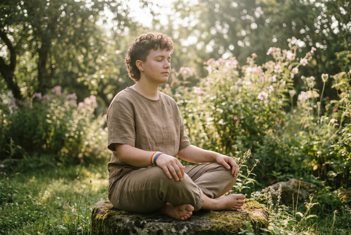 LGBTQ+ person practicing mindfulness outdoors with nature, representing holistic self-care