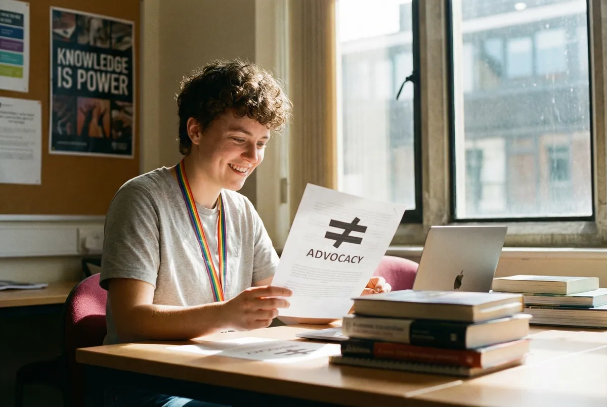 Confident LGBTQ+ student reviewing documents with equality symbol, representing knowledge and advocacy