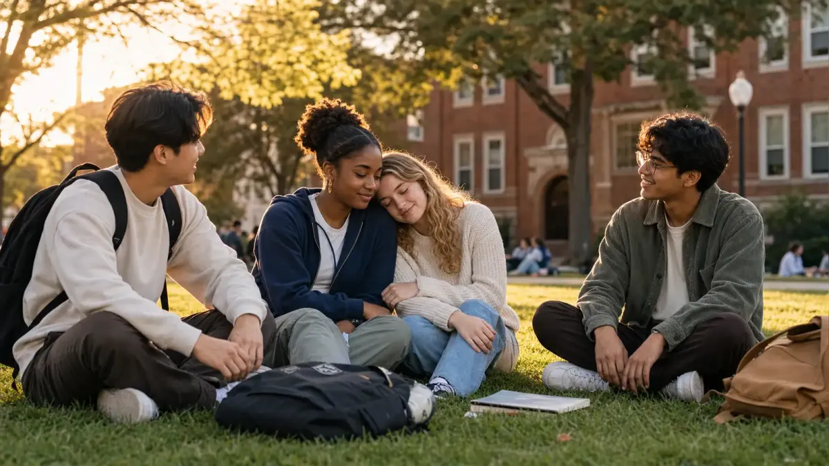 A diverse group of students sitting together on a grassy campus lawn in warm afternoon light, one person resting their head on a friend's shoulder in a moment of quiet support