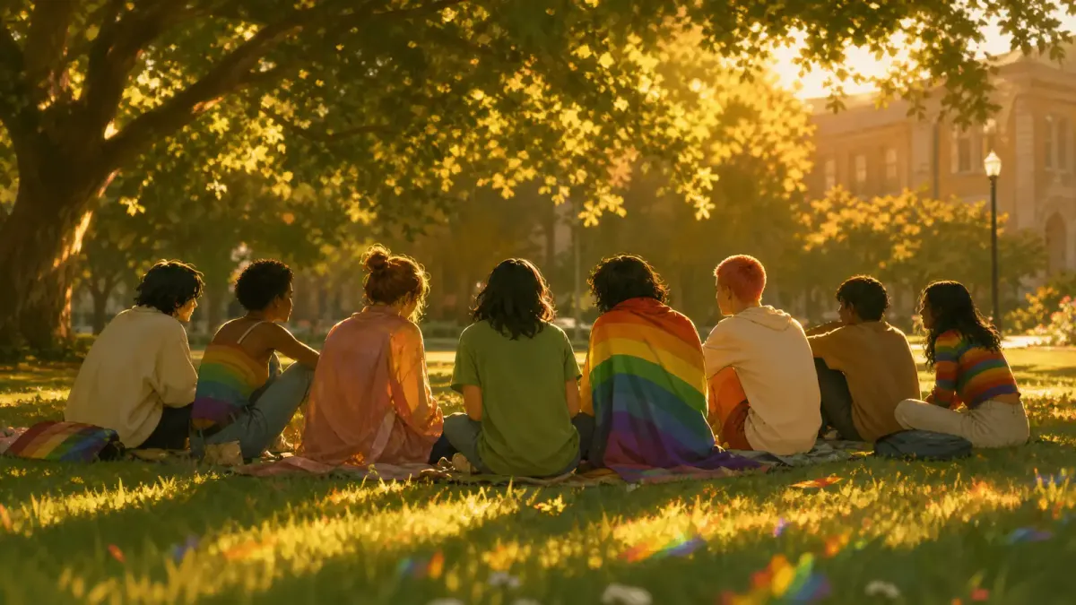A warm editorial illustration of diverse students sitting in a circle on a sunlit campus lawn, with pride flag colors subtly woven into their clothing and the grass, conveying community and resilience