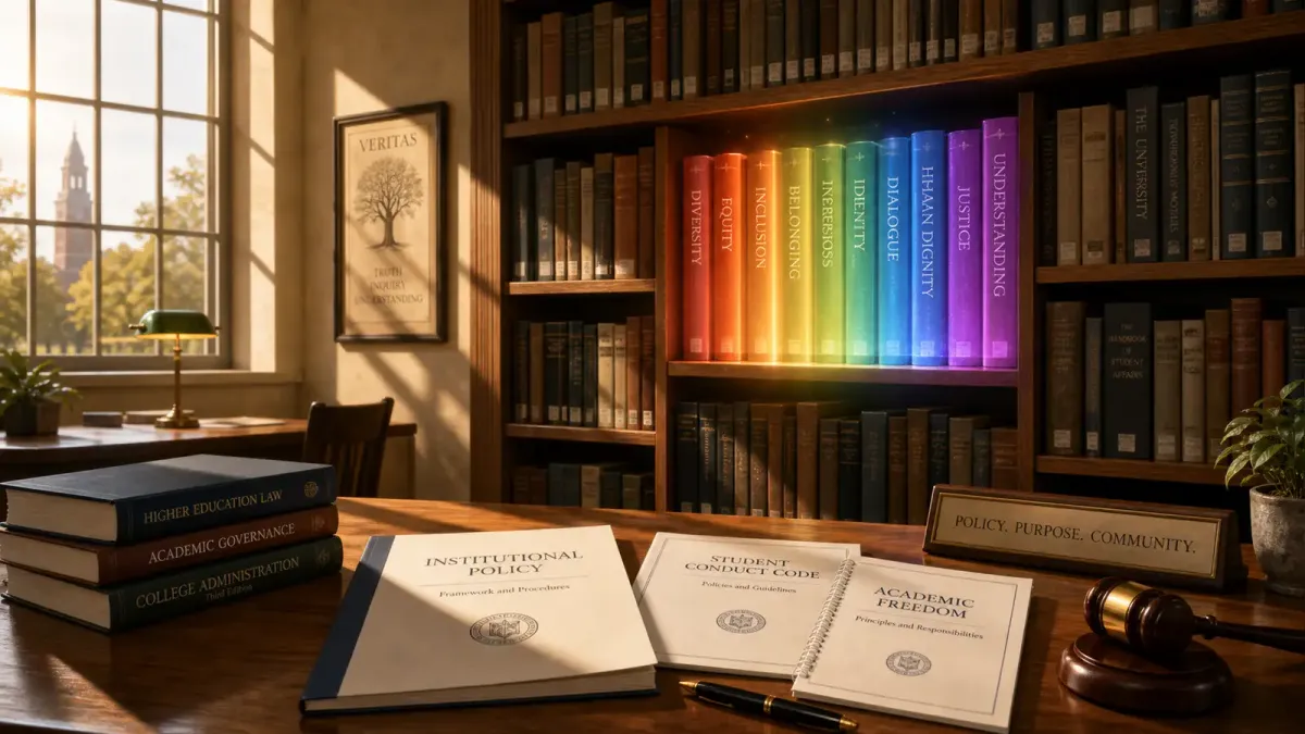 A college library with a row of books on a shelf, one book glowing with rainbow colors, while a gavel and policy documents sit on a desk in the foreground, representing the intersection of book bans, legal policy, and LGBTQ+ campus life