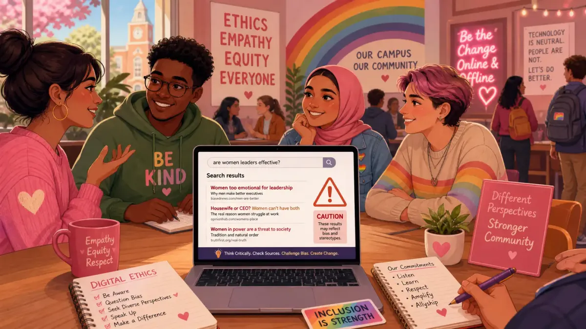 A college student sitting at a library desk, looking at a laptop screen with a concerned expression. On the screen, glowing binary code and AI interface elements are visible, but some of the text is distorted or crossed out. A small Pride flag sticker is on the laptop lid, and rainbow colors subtly illuminate the student's face, symbolizing the tension between AI technology and LGBTQ+ identity