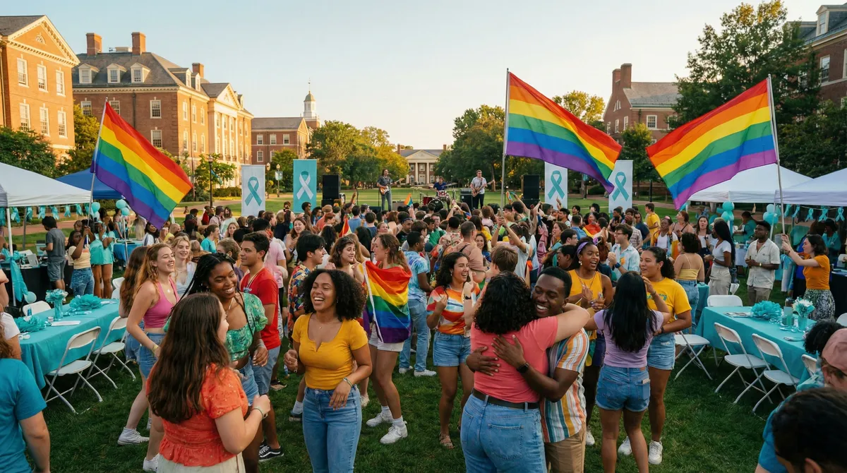 LGBTQ+ students celebrating at a campus event with rainbow flags