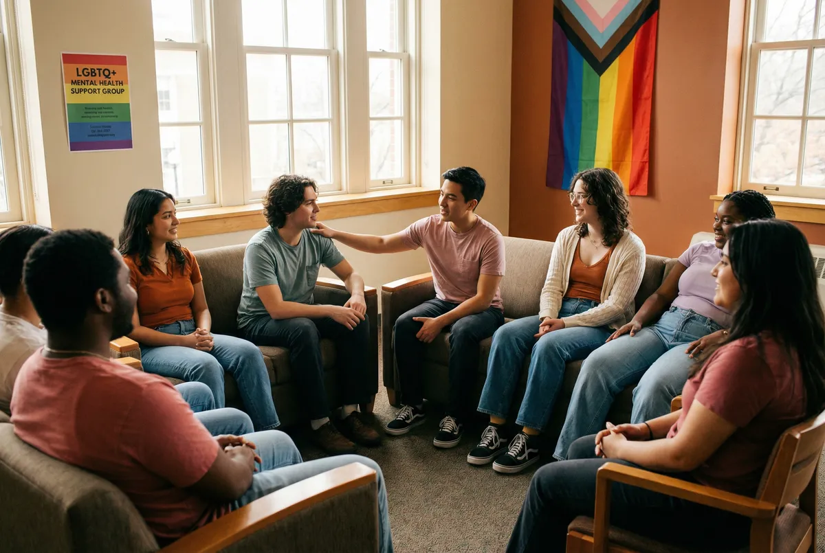 Diverse group of college students sitting together in a supportive circle, representing LGBTQ+ mental health community