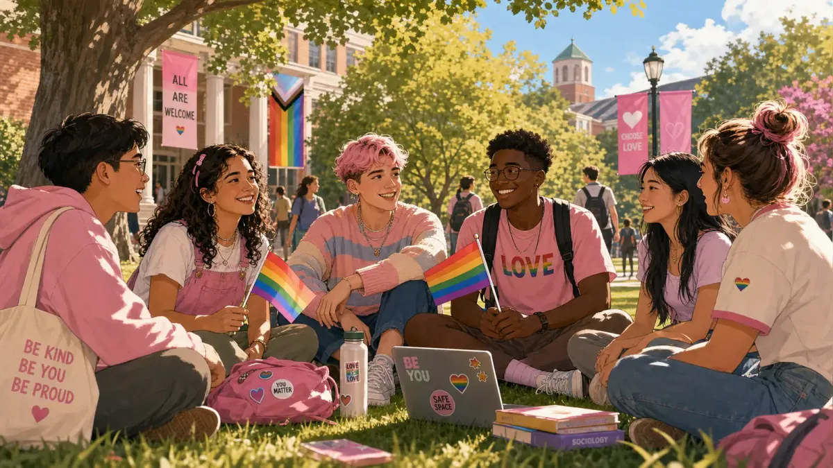 Students sitting on a sunny campus lawn with Pride flags, engaged in conversation