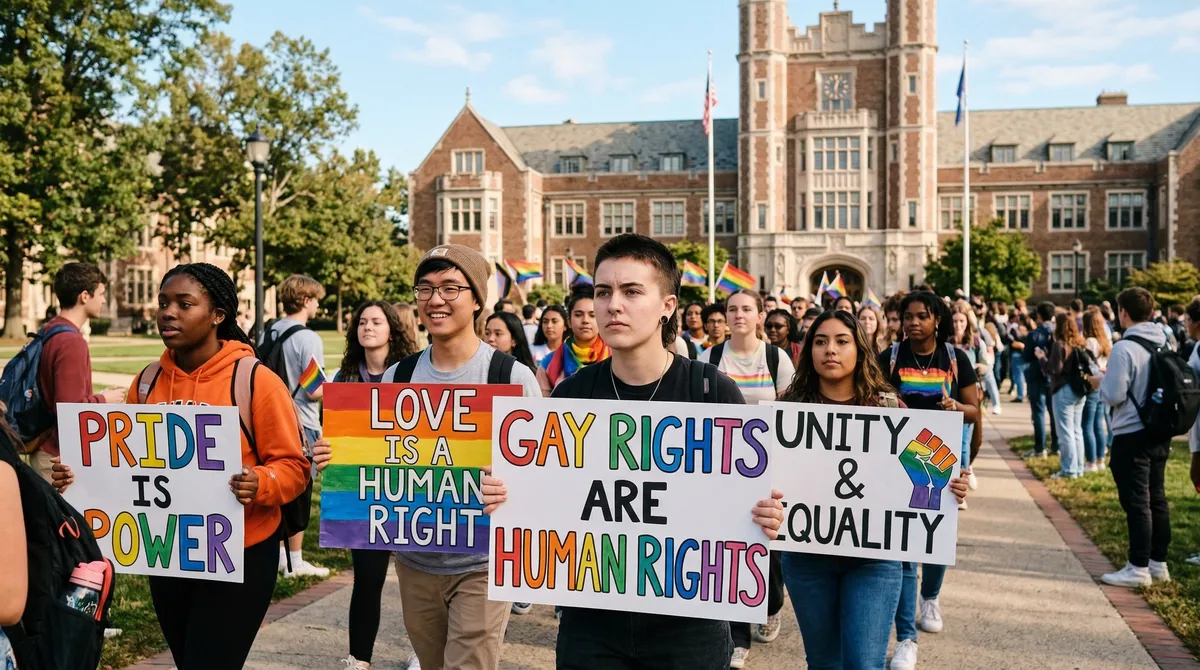 Students holding signs at a campus rally for LGBTQ+ rights with diverse crowd