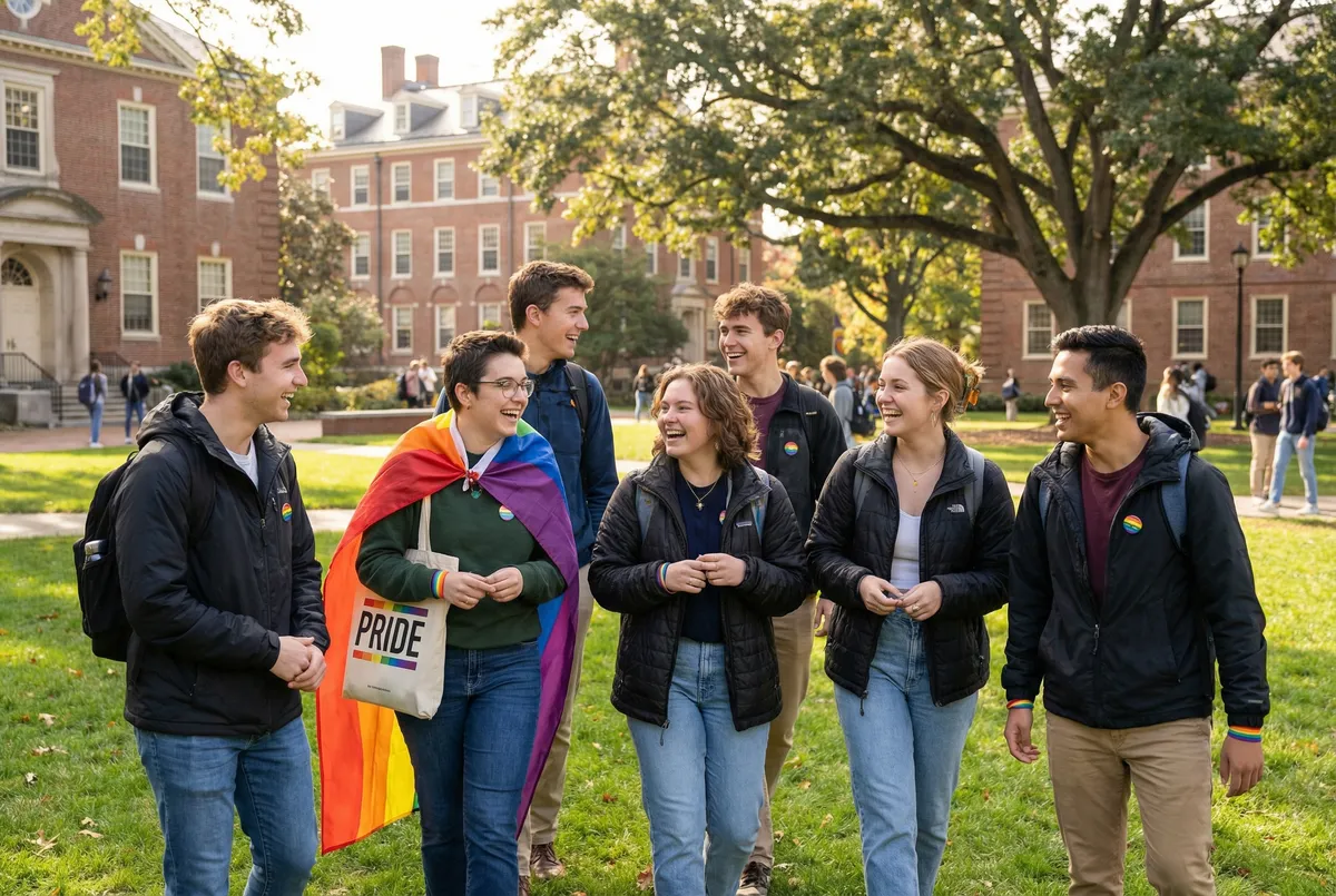 Happy diverse group of college freshmen with pride accessories walking across campus together