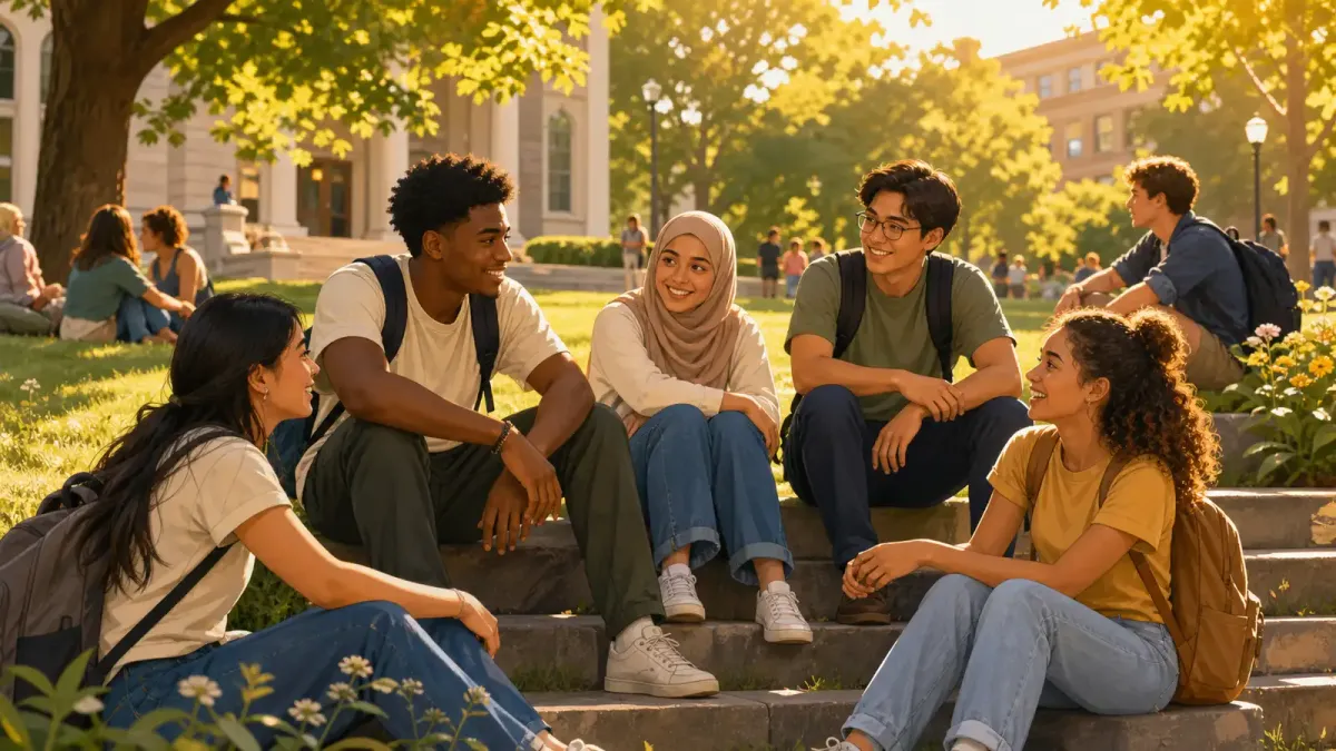 A group of diverse LGBTQ+ students sitting together outdoors on a college campus in summer, talking and laughing, warm golden hour lighting