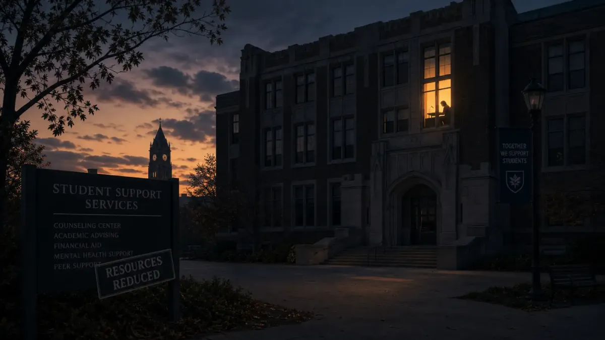 A dimly lit campus building at dusk with a single illuminated window, symbolizing the shrinking support available to students in crisis