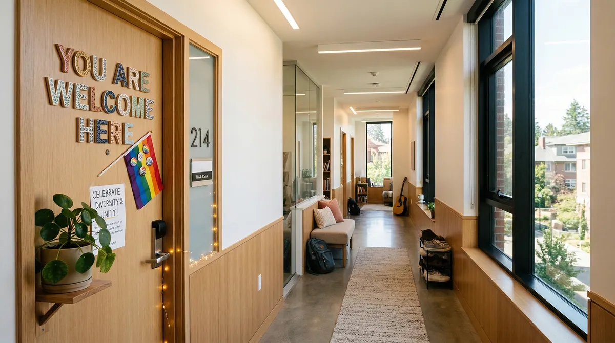 Modern college dormitory hallway with inclusive signage and rainbow flag