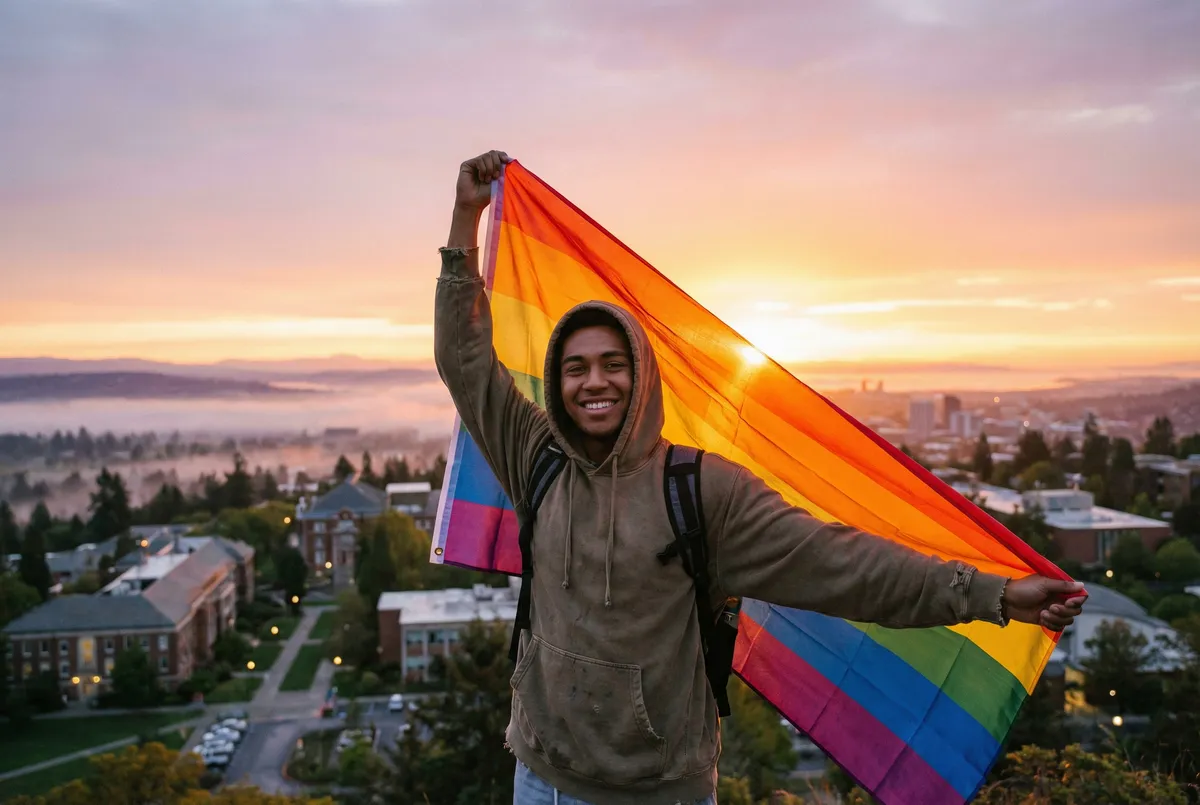 College student holding a pride flag with a sunrise backdrop, symbolizing new beginnings and self-acceptance