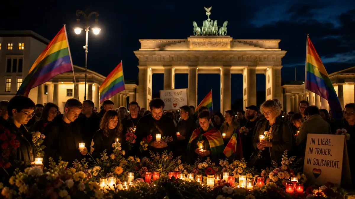 People gathered at a candlelight vigil near Berlin's Brandenburg Gate, holding Pride flags and flowers in quiet solidarity after the attack