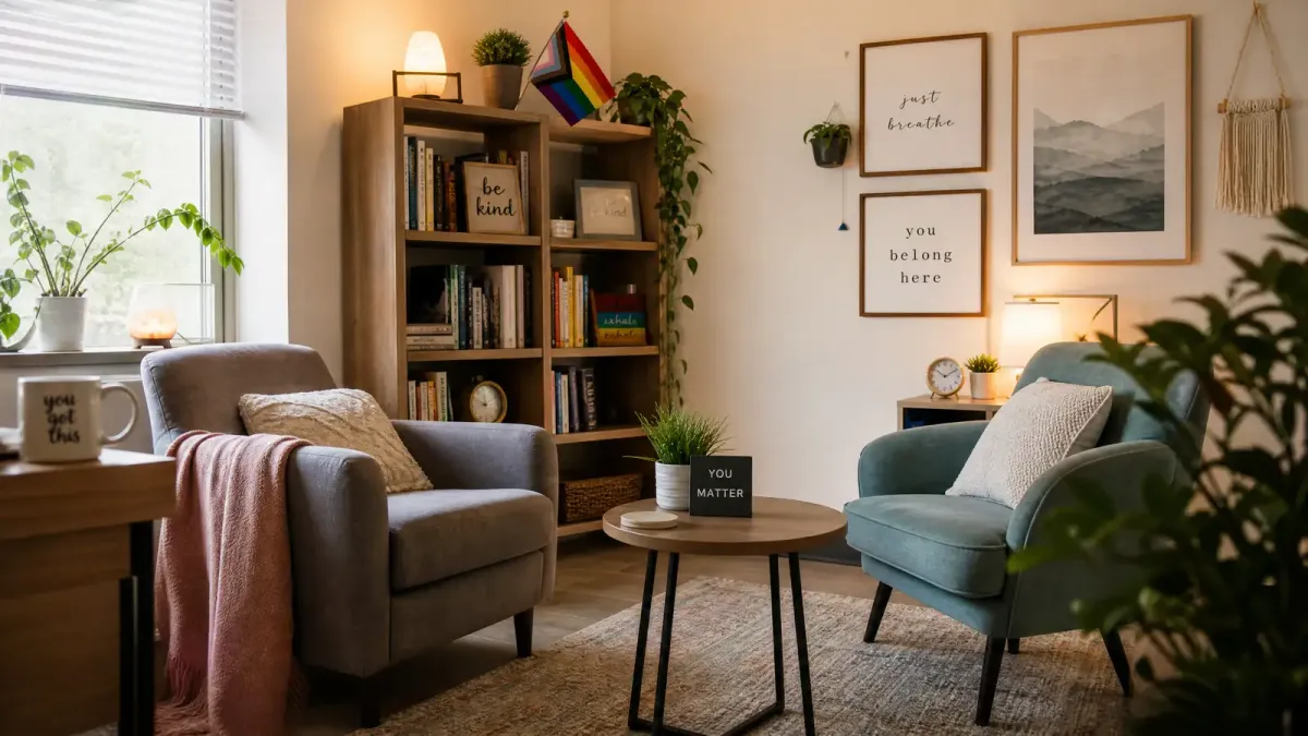 A warm, welcoming campus counseling office with rainbow flag visible on a shelf, soft natural lighting