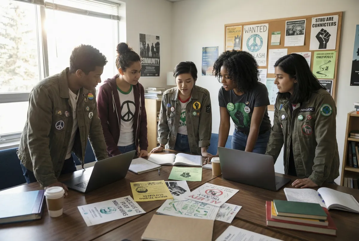 Diverse group of student activists with different movement symbols working together at a table