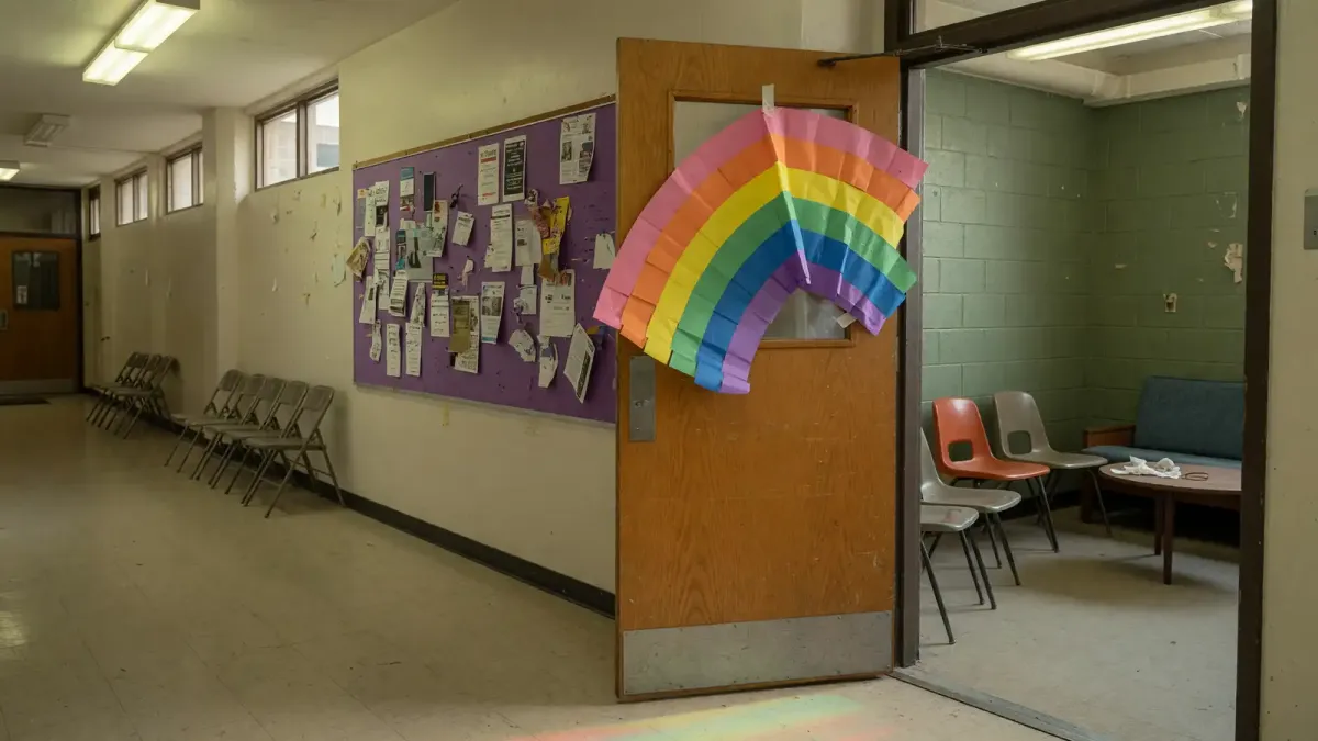Community college corridor with an open door to a small student lounge, a paper rainbow flag in the window, daylight, no logos