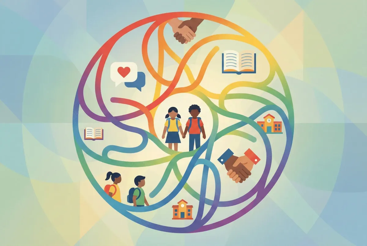 Illustration of diverse LGBTQ+ students connecting in a circular arrangement, with interconnected lines and icons representing community, mentorship, and support radiating outward