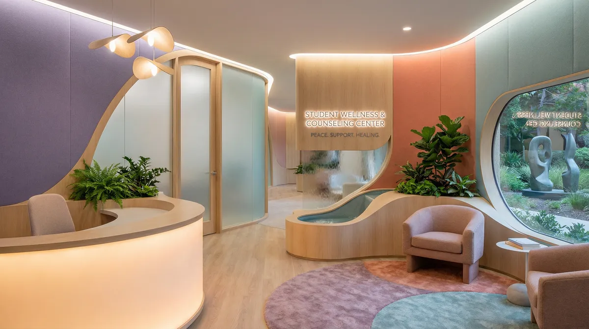 A peaceful campus counseling center with welcoming atmosphere and supportive environment